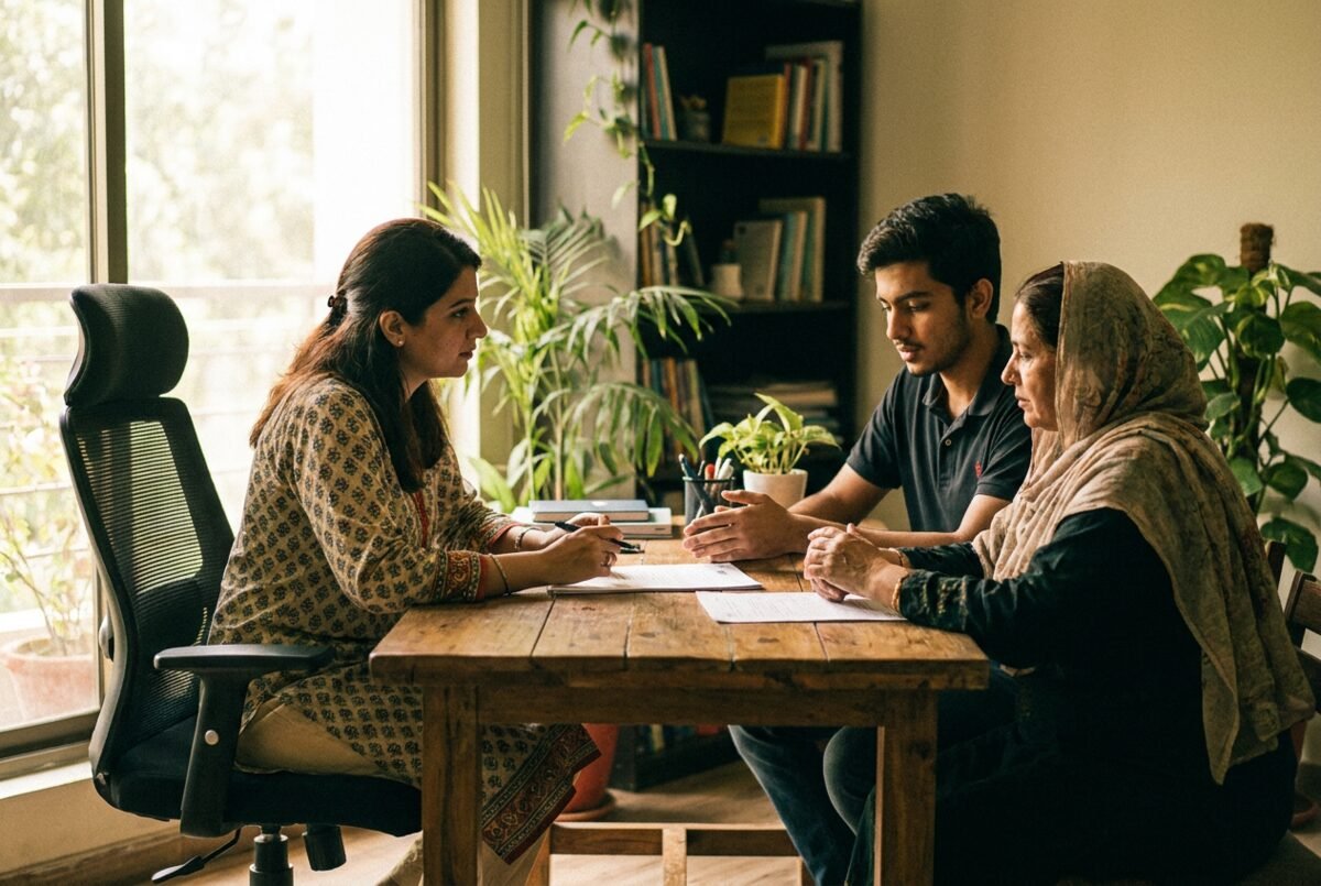 A counsellor reviewing application documents with a student and parent