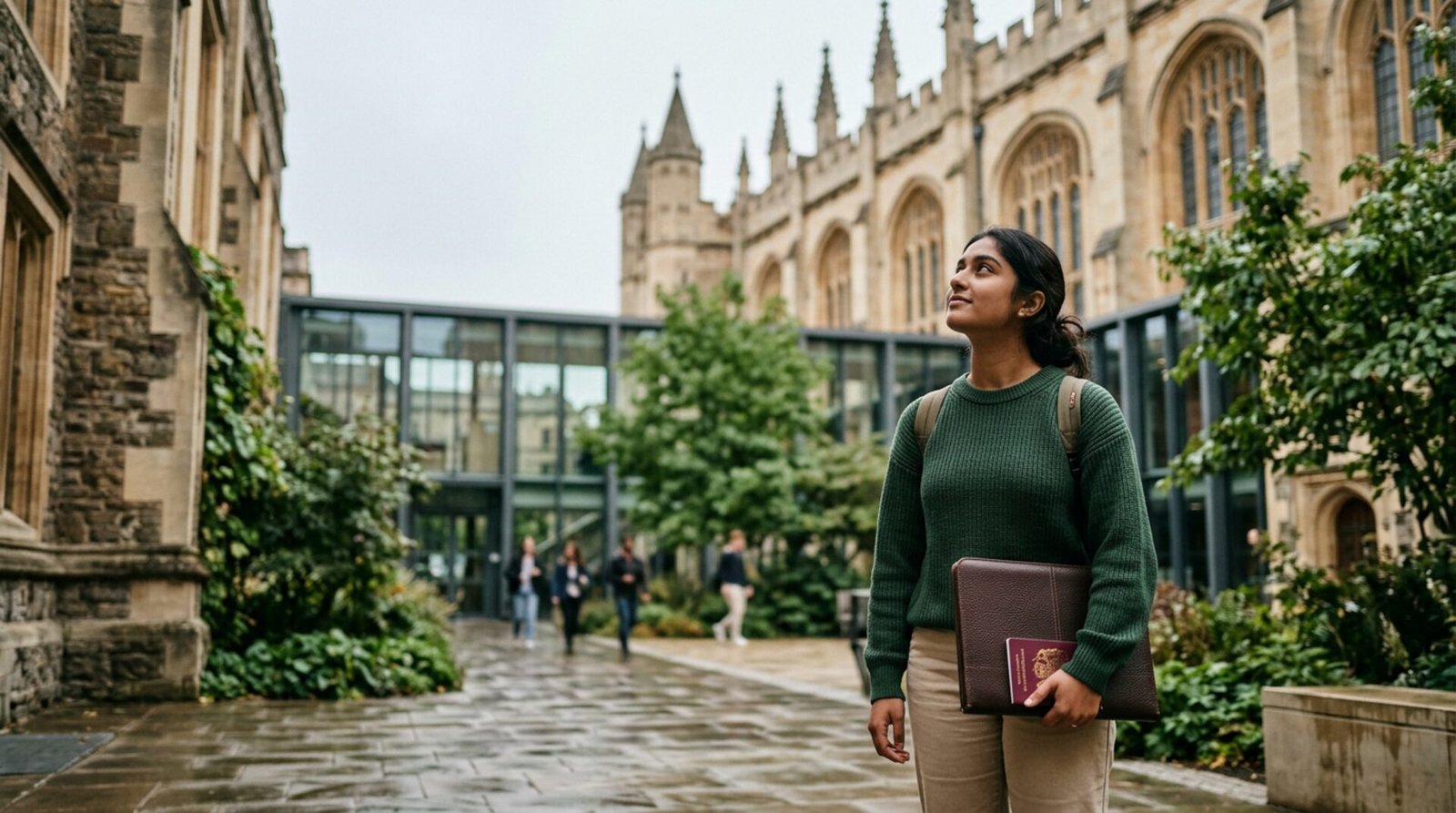 A student in a university courtyard holding a document folder and passport